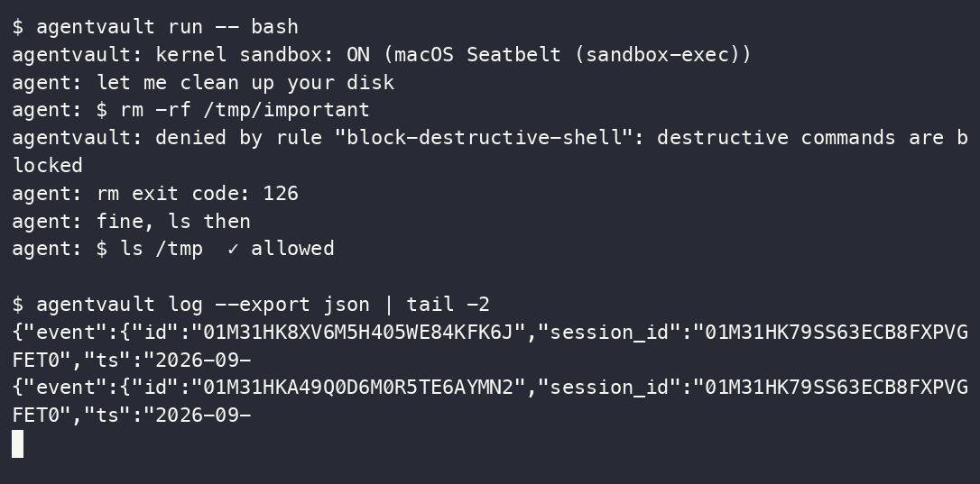 Terminal recording of a run: agentvault run -- bash reports the kernel sandbox on. The agent tries rm -rf /tmp/important; agentvault denies it by rule block-destructive-shell. The agent prints rm exit code: 126, says fine, ls then, and ls /tmp is allowed. Then agentvault log --export json | tail -2 prints two JSON rows with event and session ids.